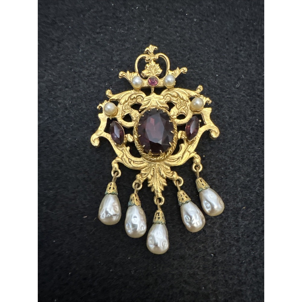 Coro Craft Rare Victorian Revival 1940's Gold Tone Brooch Faux Amethyst Baroque - Picture 4 of 9